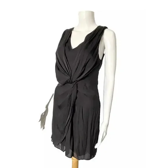 $330 NWT Alice + Olivia Designer Black Plunge Neck Silk Wrap Drape Dress S LBD - Picture 3 of 7